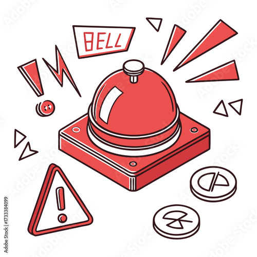 Red desk bell with warning signs and abstract shapes on white background service bell