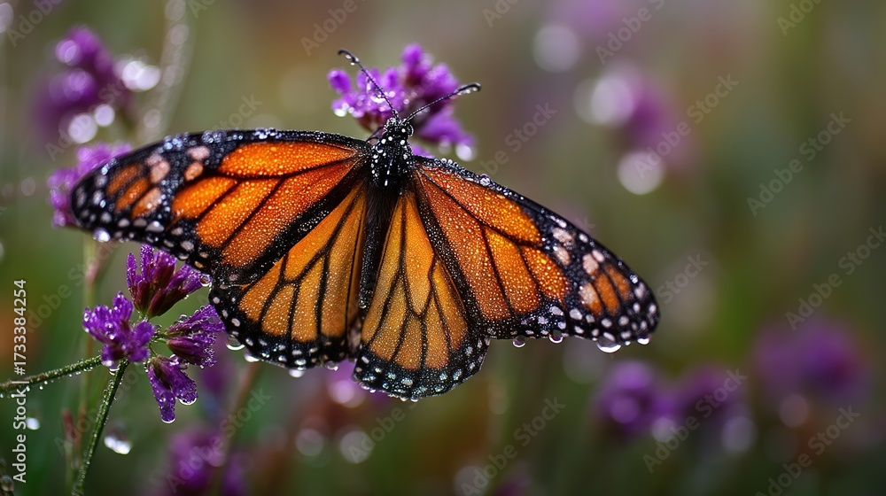Obraz premium Macro monarch resting on purple flowers with fresh dewdrops — vibrant orange and black wings on purple blossoms with soft bokeh, ideal for presentations, social headers, and eco campaigns, ecology c