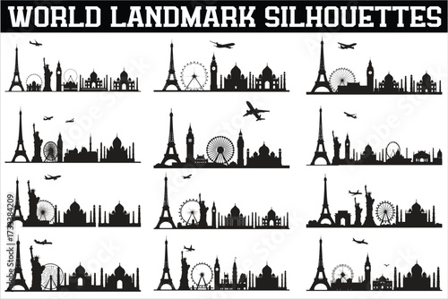 World landmarks silhouettes collection featuring iconic monuments and architectural wonders from around the globe