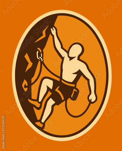 Rock Climber On Cliff Wall Oval Retro Mid Century Adventure Sports Illustration