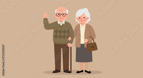 Cheerful elderly couple a man with a cane and a woman with a handbag waving.
