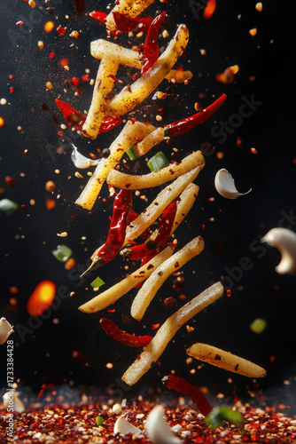 French fries with hot peppers flying on a black background fast food