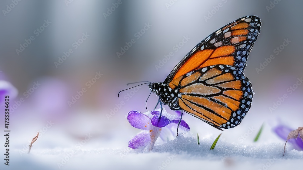 Obraz premium Macro monarch standing on purple blossoms with crisp detail — vibrant orange and black wings on purple blossoms with soft bokeh, ideal for branding, editorial spreads, and educational visuals, ecolo