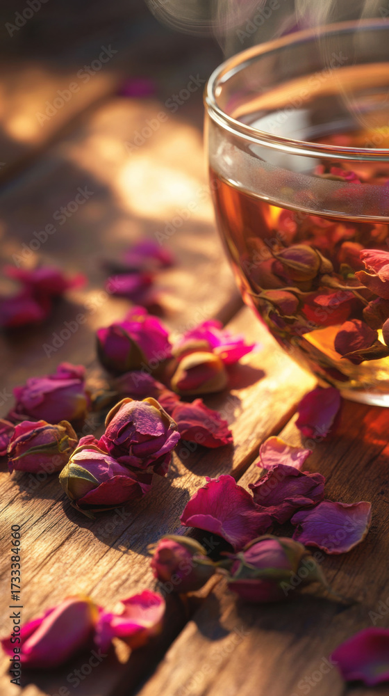 Fototapeta premium transparent cup of tea with dried roses on a wooden table
