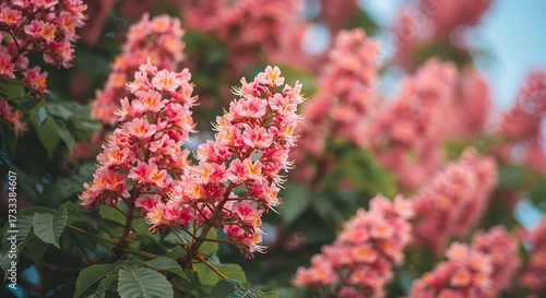 Pink horse chestnut blossoms blooming in sunlight against a blue sky