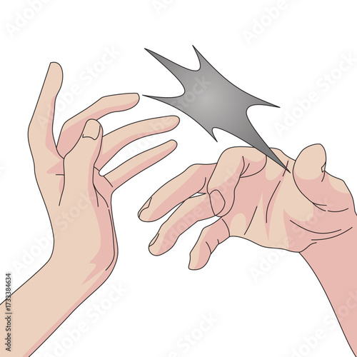 Minimalist vector of two hands in conflict, one reaching, the other pushing away. Symbol of disagreement, rejection, argument, fight, or emotional tension