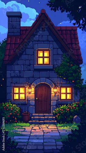 Pixelated cottage at night