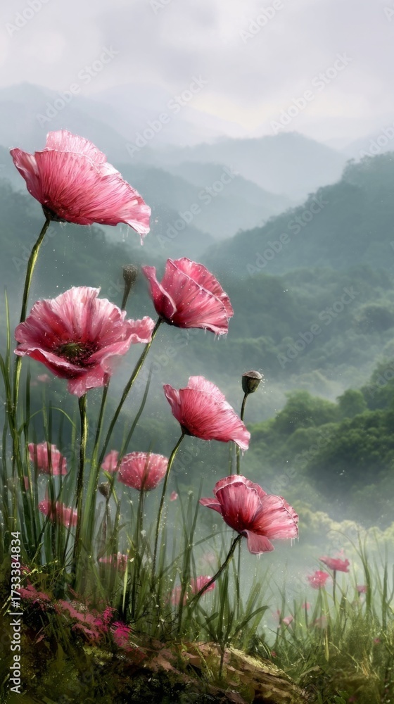 Obraz premium Beautiful pink flowers in a serene landscape with misty mountains and lush green hills in the background during daytime