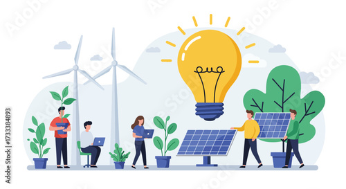 Diverse people collaborating on renewable energy solutions with solar panels and wind turbines.