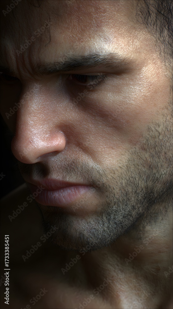 Obraz premium Dramatic close up portrait of a serious pensive man.