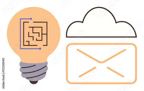 Lightbulb with circuit illustrating technology, cloud and envelope symbolizing digital communication. Ideal for innovation, information, creativity, connectivity, technology, messaging, cloud