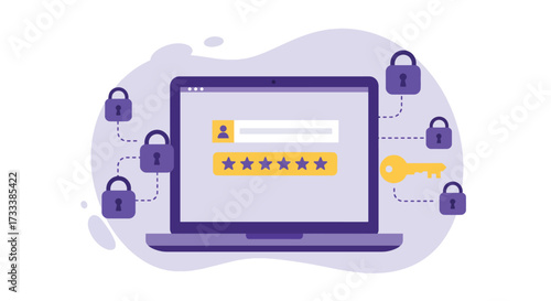 Laptop screen displaying login credentials with surrounding security locks and key.