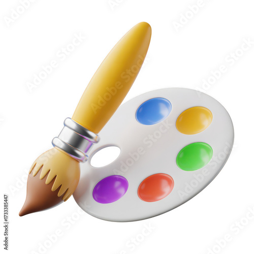 3d paintbrush and a paint palette isolated on transparent background