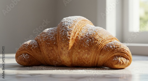 Delicious golden croissant dusted with powdered sugar on a light surface.