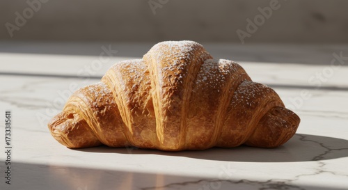 Golden Croissant Delight - A Flaky Pastry with Powdered Sugar.