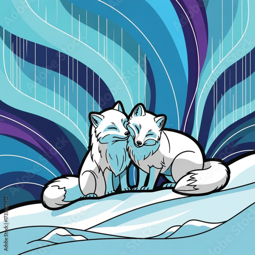 Arctic Foxes Pair in Winter with Aurora Background Illustration