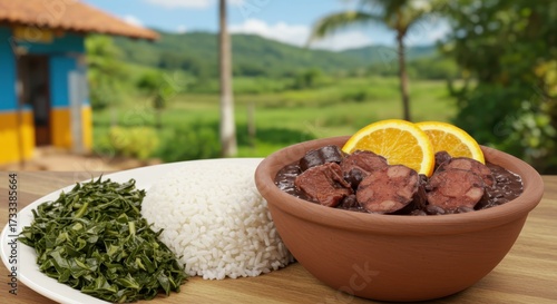 Brazilian Feijoada Dish with Rice, Greens, and Orange Slices.