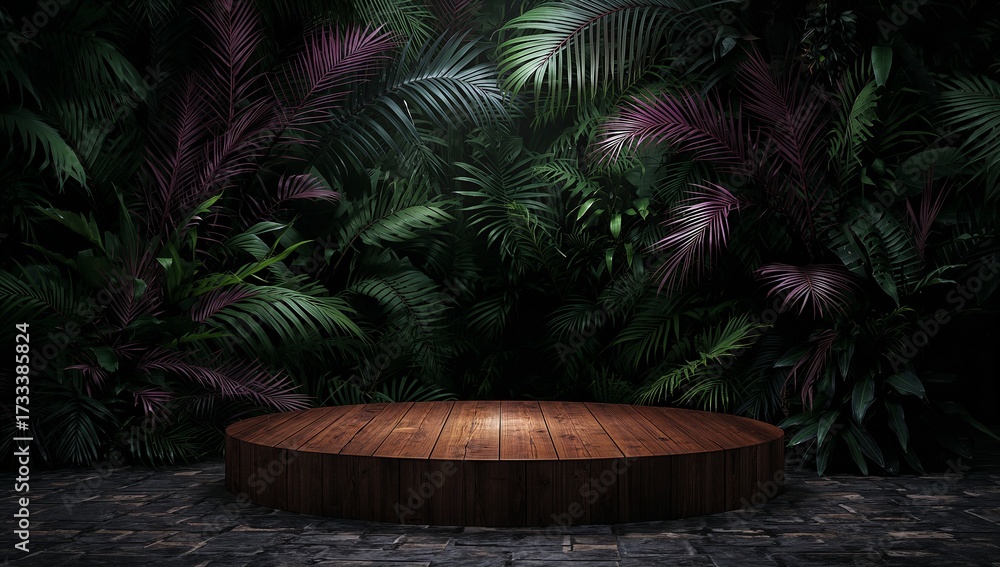 Fototapeta premium Lush tropical foliage surrounds a wooden platform for display