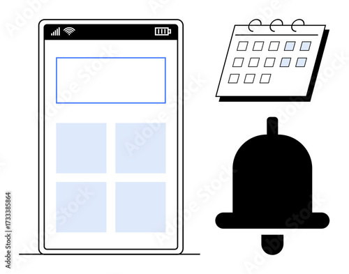 Smartphone layout with app elements, grid calendar, and bell signaling notifications. Ideal for productivity, scheduling, reminders, planning, time management, organization simple flat metaphor