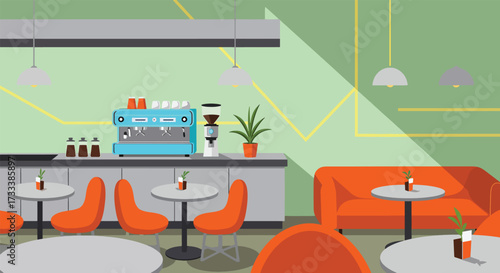 Modern Coffee Shop Interior with Espresso Machine and Seating.