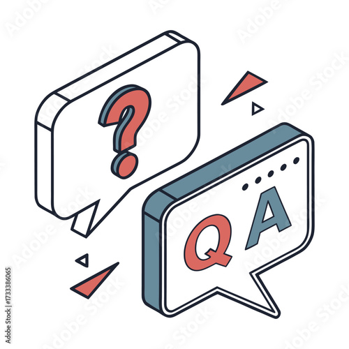 Two isometric speech bubbles one with a question mark and one with Q A chat communication