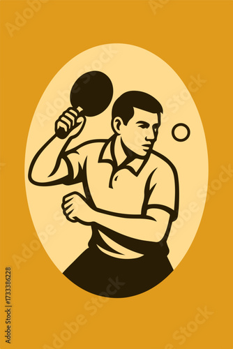 Table Tennis Player Forehand Swing Oval Retro Mid Century Sports Illustration