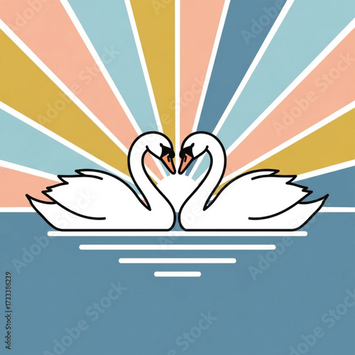 Two Swans Heart Minimalist Illustration with Pastel Rays