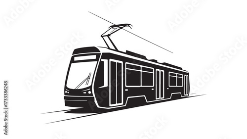 Modern urban tram silhouette traveling on tracks, representing public transportation, city life, and sustainable travel for business and tourism