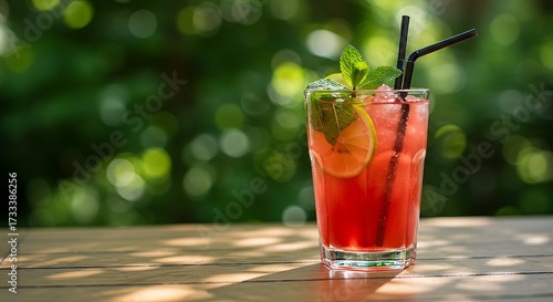 Refreshing red beverage with lime and mint leaves on wooden table outdoors