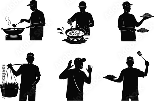 Silhouette, chef, cooking, frying, serving, food, wok, spatula, kitchen, steam, market, vendor, plate, cap, basket, alarmed, vegetables, culinary, black, white