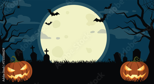 Spooky Halloween night with glowing jackolanterns and bats under a full moon.