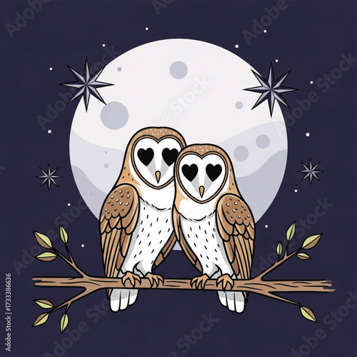 Owl Couple Romantic Illustration Under Moonlit Night Sky