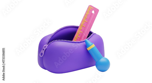 3D Purple Pencil Case with Pink Ruler and Blue Crayon stationery school isolated on a transparent background