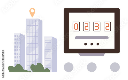 Buildings with location pin beside digital meter display showing numbers. Ideal for energy usage, urban planning, sustainability, monitoring, smart technology, eco-friendly growth, utility