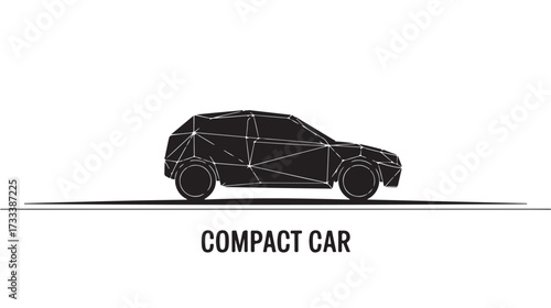 Sleek black geometric compact car silhouette moving forward on a minimalist light gray surface, representing modern urban mobility and efficient transportation solutions.