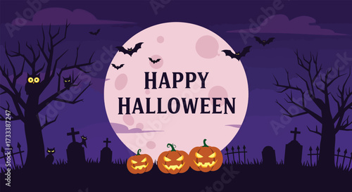 Spooky Halloween Night with Jackolanterns and Bats Under a Full Moon.