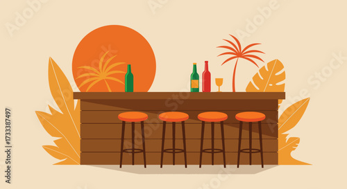 Tropical Beach Bar with Stools and Palm Trees at Sunset.