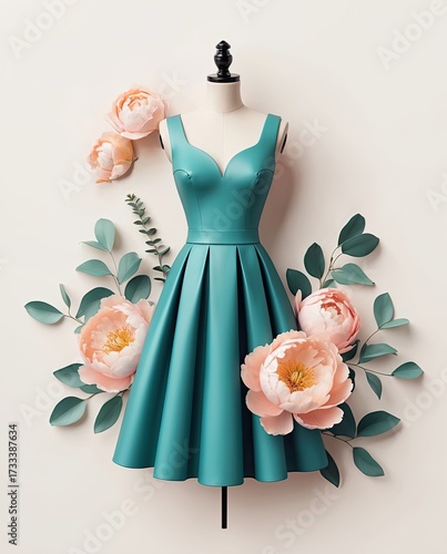 Elegant teal dress with subtle floral accents