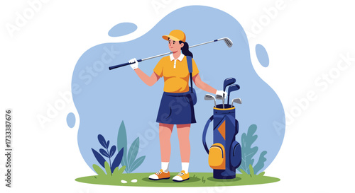 Woman golfer with club and bag on green course.