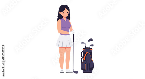 Woman golfer standing with golf bag and clubs on white background.