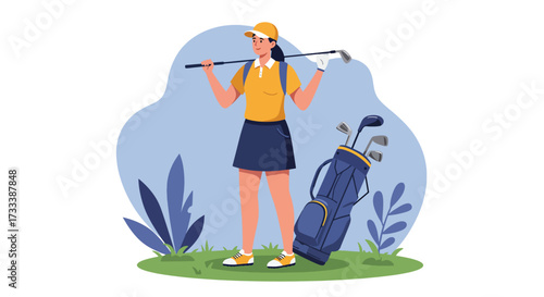Woman golfer with clubs and bag on a golf course.