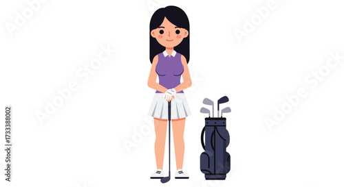 Young Female Golfer Standing with Golf Bag and Clubs.