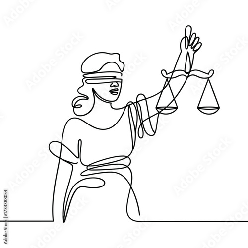 One line drawing of lady justice holding scales of justice