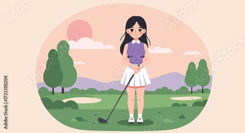 Young Woman in Golf Attire Ready to Tee Off on a Sunny Day.