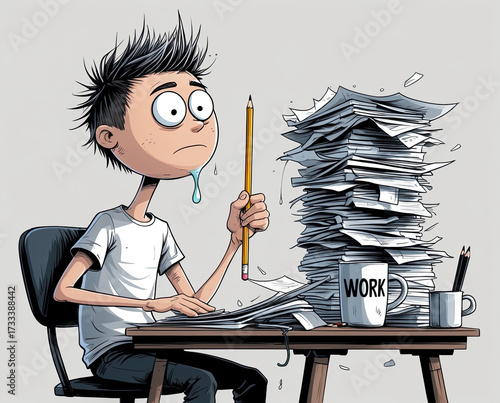 Wallpaper Mural simple cartoon figure wearing simple T-shirt, sitting at messy desk, large chaotic stack of papers Torontodigital.ca