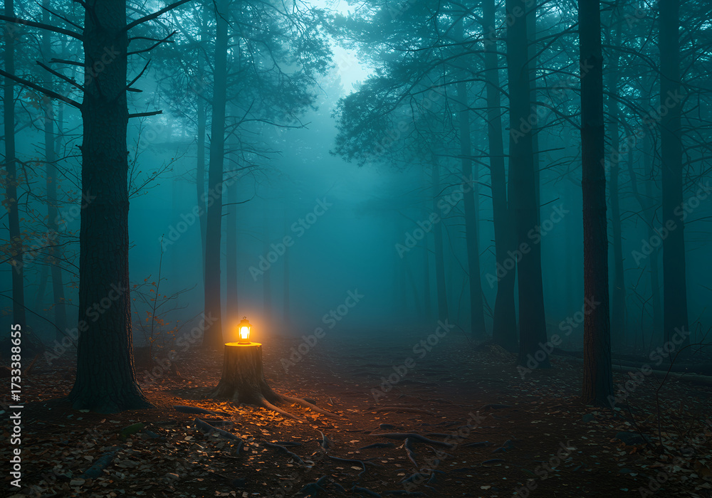 Fototapeta premium misty pine trees and path – spooky halloween background