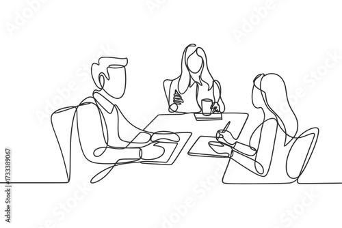 Three people in a meeting drawn with a single continuous line