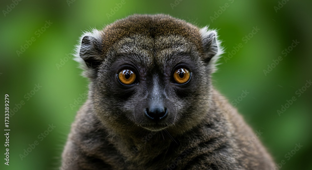 Obraz premium Close up portrait of a brown lemur with striking eyes against green backdrop