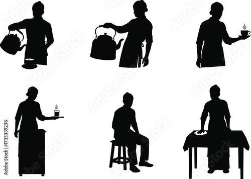 Silhouette of kitchen staff preparing drinks, serving tea, kneading dough, sitting, pouring kettle, steaming cup, hospitality workers in action