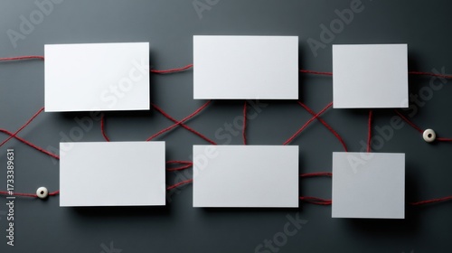 White clean leaves are connected with a red thread on a gray background